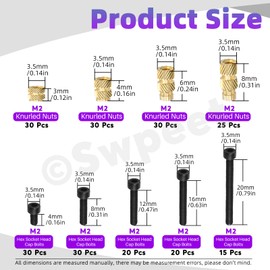 Swpeet 230Pcs Assorted M2 12.9 Alloy Steel Hex Socket Screws and Brass Threaded Inserts Assortment Kit, Black Zinc Plated Hex Socket Screws Machine Bolts, Brass Knurled Nuts