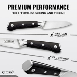 Cutluxe Paring Knife, 3.5" Small Kitchen Peeling Knife with Razor Sharp Blade – High Carbon German Steel, Full Tang, Ergonomic Handle Design – Artisan Series