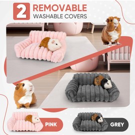 ONEJU Guinea Pig Couch - Fluffy Small Pet Sofa with with Two Removable Washable Covers, Guinea Pig Bed with Stuffed Arms and Back, Super Cozy Corduroy Fleece, Pink and Dark Gray Respectively