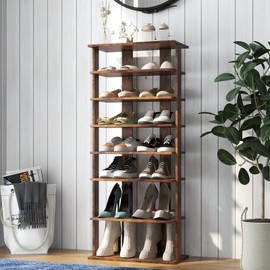 BETTARY 8 Tier Vertical Shoe Rack, Narrow Wooden Corner Shoe Organizer for Small Spaces, Removable Shelves, Anti-toppling Device, Shoe Tower for Entryway, Closet, Bedroom (Rustic Brown, Double Row)
