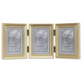 Lawrence Frames Antique Gold Brass Hinged Triple 2x3 Picture Frame, Beaded Edge Design
