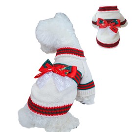 Weihnachtspullover für Haustiere, für Katzen und Hunde, Strickpullover mit Schleife, für kaltes Wetter, Welpen, 2 Beine, Strickwaren für Katzen, Welpen, kleine Hunde, Größe S (Weiß)