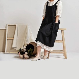 Women's Pinafore Square Cross Back Cotton Linen Japanese Apron Garden Work Plus Size Midi Bib Dress With Pockets for Cooking Painting