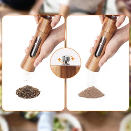 Petyoung Set of 2 Salt and Pepper Grinder with Tray, Manual Wooden Shakers Salt and Pepper Mills with Adjustable Ceramic Core for Kitchen BBQ