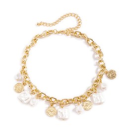 Asphire Punk Cuban Link Chain Choker Necklace with Irregular Pearl Coin Tassel Carved Coin Pendant Collar Necklace Baroque Festival Statement Accessories Gift for Women (Gold)