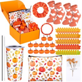 VAIPI Fall Gifts for Women, Thanksgiving Gift Baskets, Autumn Punpkin Gift Sets, Fall Birthday Gifts with Stainless Steel Insulation Tumbler Cosmetic Bag Fuzzy Socks Artificial Punpkins Maple Leaves