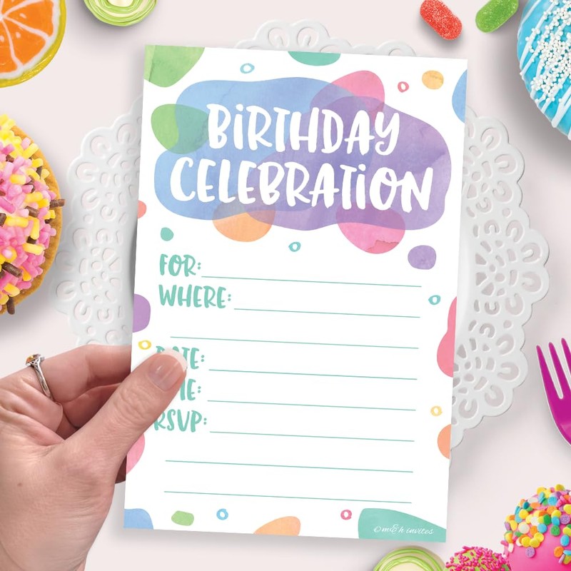 Watercolor Dots - Birthday Party Invitations - Fill In Style