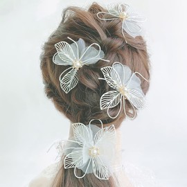 RICISUNG Hair Accessories, Hair Ornament, Wedding Headdress, 3 Types, 4 Piece Set, Pearl, Hairpins, Flowers, Hair Clips, Handmade, Brides, Weddings, Receptions, Kimonos, Coming-of-Age Ceremonies, After-parties, Graduation Ceremonies, Children, Recitals