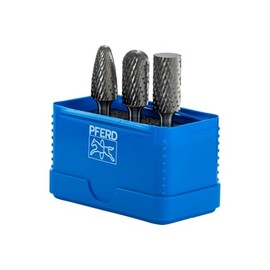 PFERD 3-Piece Carbide Bur Set, Double Cut, 1/4" Shank, Tungsten Carbide Rotary Burrs, for Metal Grinding & Deburring, Includes Plastic Case – Part 26548