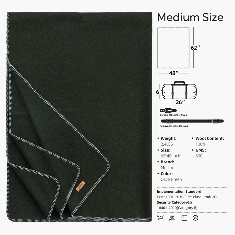 Molithe 100% Wool Blanket, 48" x 62", Warm, Thick, Washable,