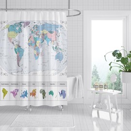 DDS-DUDES - Cortina de ducha con mapa del mundo con grandes ciudades, divertidos juegos de baño educativos para niños, cortinas de tela repelente al agua con ganchos, 71 x 71 pulgadas (azul y blanco)