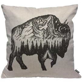 HGOD DESIGNS Cushion Cover Animals Buffalo Bull with Mountain Forest Night Sky,Throw Pillow Case Home Decorative for Men/Women Living Room Bedroom Sofa Chair 18X18 Inch Pillowcase 45X45cm