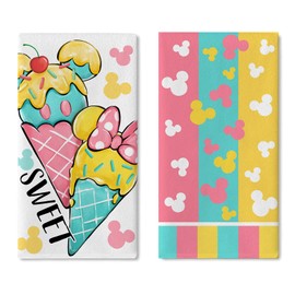 YMCAFZ Sweet Summer Ice Cream Kitchen Dish Towels Set of 2, Drying Hand Towels Baking Cooking Cloth, Pink Teal Yellow Stripes Seasonal Home Kitchen Decor 18 x 26