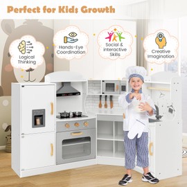 Fireflowery Kids Kitchen Playset, Wooden Toy with Ice Maker, Washing Machine, Microwave, Interactive Play with Lights and Sounds, Pretend Play Corner Kitchen for Girls and Boys (White)