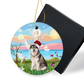 Funny Christmas Ornament 2024-Angel Loving a Huskies with Christmas Santa Hat Holiday Present Round Xmas Tree Ornament Decor 3 inch with Gift Box
