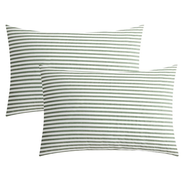 JELLYMONI 100% Natural Cotton Striped King Pillowcases Set, 2 Pack White and Green Stripes Pattern Printed Pillow Covers with Envelope Closure(Pillows are not Included)