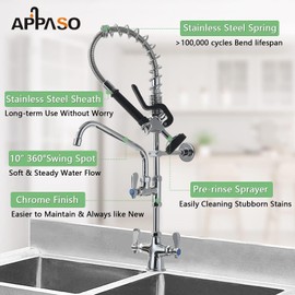 APPASO Commercial Faucet with Pre-Rinse Sprayer, 25'' Height Deck Mount Single Hole Polished Chrome Pull Down Compartment Sink Faucet with 10'' Swivel Spout for Restaurant Industrial 294CP