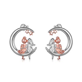 Moon Earrings Girls, 925 Sterling Silver Hanging Earrings, Sister Design, Hypoallergenic Jewellery, Birthday Gifts for Women, Sterling Silver