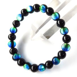 GOLD STONE Keramarin Firefly Glass Morion Black Crystal Bracelet, 0.3 inches (8 mm), Okinawa, Firefly, Dragonfly Ball, Glass Stone Iron Silver