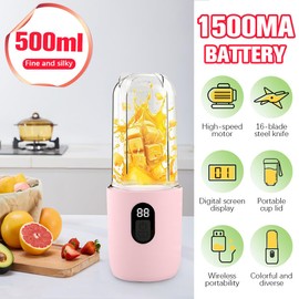 BIZOI Portable Electric Juicer, Portable Mixer 500 ml, Portable Electric Juicer with Digital Display, Mini Mixer, Portable Mixer with 16 Blades for Gym, Office, Camping