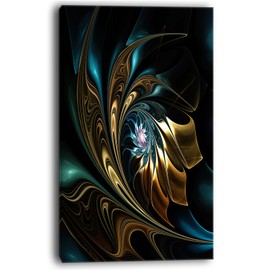 Designart PT12104-16-32 Brown Blue Fractal Flower in Black Oversized Abstract Canvas Art, 16x32