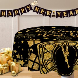 Tailus Merry Christmas Happy New Year 2025 Round Tablecloth 60x60 Inch, Black Gold Clock Star Decorative Table Cloth Dining Table Cover, Winter Firework Celebration Dinner Party Picnic Decoration