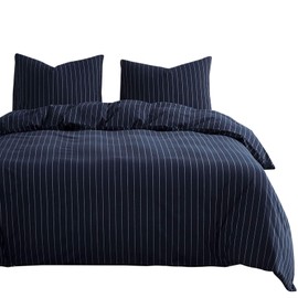 Wake In Cloud - Navy Striped Duvet Cover Set, 100% Cotton Bedding, White Vertical Ticking Stripes Pattern on Navy Blue, Zipper Closure (3pcs, Full Size)