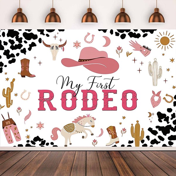 My First Rodeo Party Backdrop Birthday Decoration,5x3 ft Western Cowboy and Cowgirl Theme Birthday Supplies,Baby Shower Banner Suitable for boys'girl Birthday Party Decoration. (Pink)