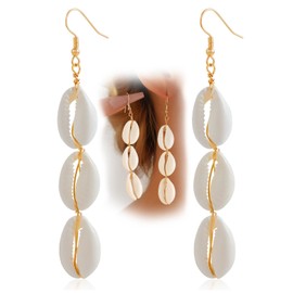 Boho White Shell Cowrie Dangle Earrings for Women Dainty Beach Triple Seashell Hook Drop Dangly Earrings Bohemian Vacation Outfits Jewelry Gifts (White)