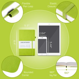 MALEDEN 7 Pack Lined Journal Notebook, Hardcover PU Leather Notebook for Men Women, 100 GSM Thick Numbered Pages with Index Content, Inner Pockets, Bookmarks, A5 Ruled Writing Journal Bulk (Green)