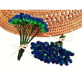 HukDok Mini Rose Bud Mulberry Paper Flower, Artificial Tiny Roses Flowers for Wedding Card Embellishment Scrapbook DIY Bouquet Crafts. (Blue)