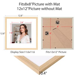 BSRHOME 12x12 Picture Frame Set of 9, Display Pictures 8x8 with Mat or 12x12 without Mat, Multi Collage Gallery Square Photo Frames for Wall or Tabletop, Natural Wood