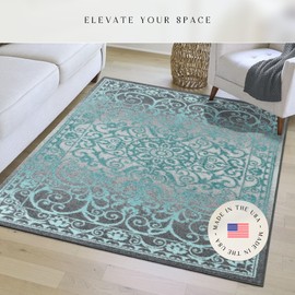 Maples Rugs Pelham Transitional Area Rugs - Made in USA - Low Pile, Non Slip, Pet-Friendly Mat for Bedroom, Office, Living & Dining Room, 5 x 7, Blue/Grey