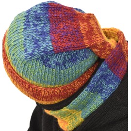 Hand Made 100% Merino Wool Long Tail Hat Scarf Combo Ski Cap Snowboard Hand Knitted Scarves Wool Fleece Lined Stocking Cap Scarf in One-Rainbow