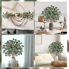 HIAGROW 6 Pcs Eucalyptus Leaf Stems, 35.43" Artificial Eucalyptus Branches, Green Silk Plants Silver Leaf Eucalyptus Plants for Home Fireplaces Weddings Vases Autumn Thanksgiving Decorations