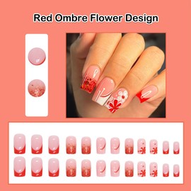 ANDGING Red White Press on Nails French Tip Square Short Medium Glue on Nails for Women Fantasy Fake Nails with Ombre Flower DesignsStick on Nails Gel Manicure Acrylic False Nails for Wedding