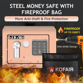 KOFAIR Safe Box for Home Safe (0.23 Cubic Feet) with Fireproof Bag, Personal Money Safey for Cash Saving, Mini Safey with Key, Digital Safety Box with Light, Money Lock Box (Gold Khaki)