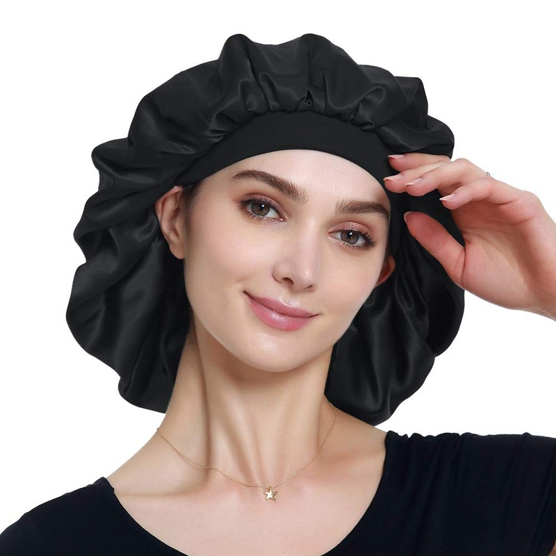 Alnorm Satin Bonnet for Natural Hair Curly Hair Braids Black