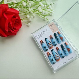 false nails,Blue long nails,Soft Gel Press - on Nails: Unique Blue with Palm Tree & Bow Designs, 24 nail sizes,Natural Fit