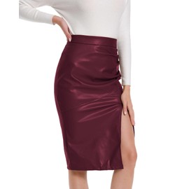 We1Fit Women's High Waisted Fuax Leather Midi Skirt Ruched Wrap Sexy Bodycon Pleather Pencil Knee Length Skirts Wine Red