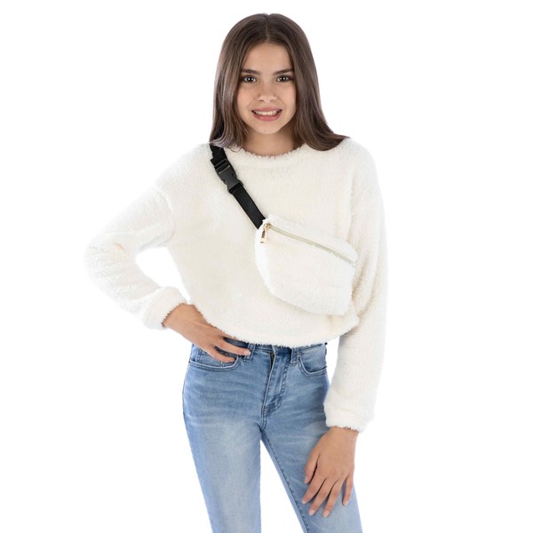 Speechless Girls' Long Sleeve Teddy Knit Pullover With FannyPack,IVORY,S