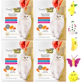 Aurora Pet Bundle Pack (4) Fancy Feast Purely Natural Variety Cat Treats with AuroraPet Cat Toy (Assorted)