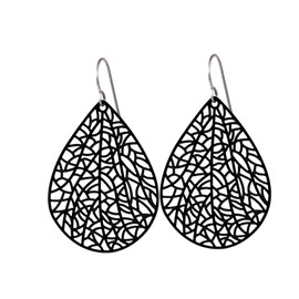 Filigree Dangle Earrings, Lightweight Teardrop Cutout on Hypoallergenic Pure Titanium Hooks (Black)