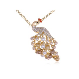 Alilang Womens Golden Tone Clear Rhinestones Multicolored Faux Pearls Peacock Bird Pendant Necklace