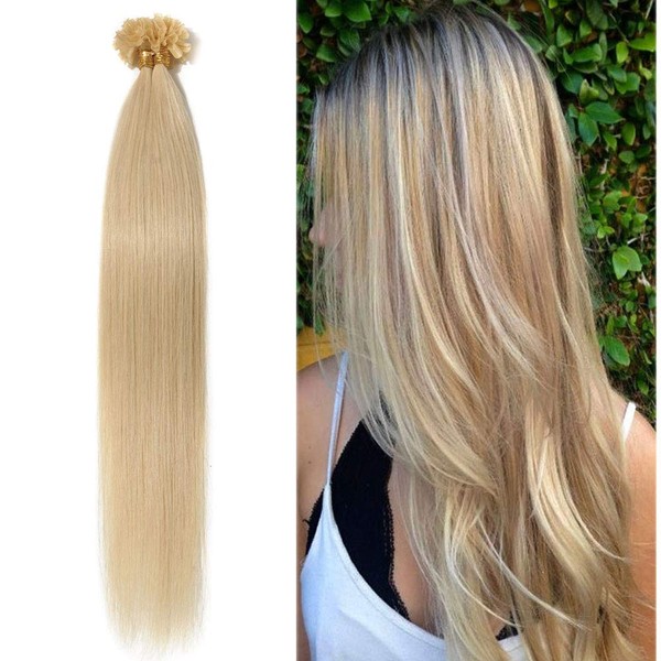 Pre Bonded Remy Human Hair U Tip Hair Extensions 100 Strands Nail Tip Italian Keratin Fushion Hairpiece For Women Long Straight Silky #613 Bleach Blonde 22 inches 50g