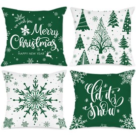 Lanpn Pack of 4 White and Green Cushion Covers Christmas Cushion Cover 50 x 50 cm, Winter Snowflakes Decorative Christmas Cushions for Christmas Decoration Christmas Bed Linen Sofa Decorations (Green)