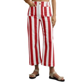 Tankaneo Womens Cropped Striped Jeans Casual High Waisted Stretchy Straight Leg Denim Pants with Pockets Red