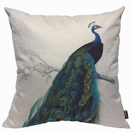Mugod Elegant Colorful Peacock Cushion Cover Throw Pillow Covers Standing on The Tree Pillow Case for Men Women Decorative Home Sofa Chair Couch 45x45cm/18x18 Inch