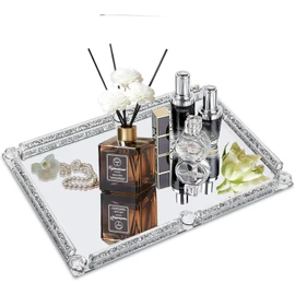 Large Crystal Perfume Tray, 15.7" x 11.8" Silver Glass Mirror Vanity Tray Noble Jewelry Trinket Display Tray for Desser Crushed Diamond Home Decor Cosmetics Makeup Organizer Serving Trays for Party