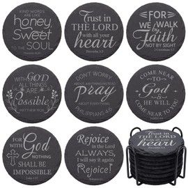 Slate Drink Coasters with Bible Verses, Black Coasters Set of 8 with Holder, Absorbent Stone Coasters for Drinks, Christian Home Decor, Christian Gifts